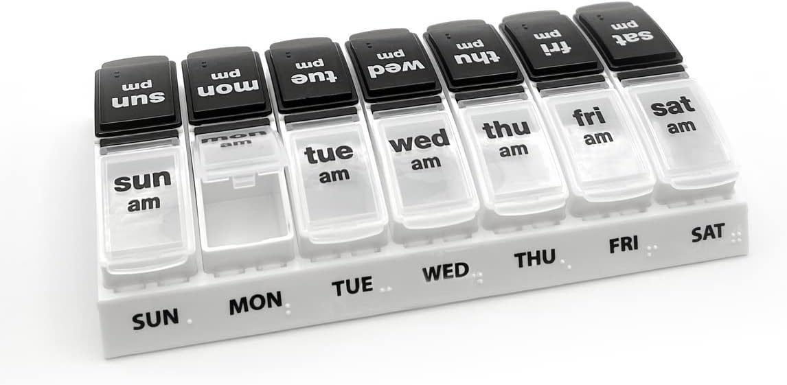EZY DOSE Weekly (7-Day) Daily AM/PM Pill Case, Medicine Planner, Vitamin Organizer, Supplement Container, Large Pop-Out Compartments, Designed for Travel 2 Times a Day, Black and White Lids