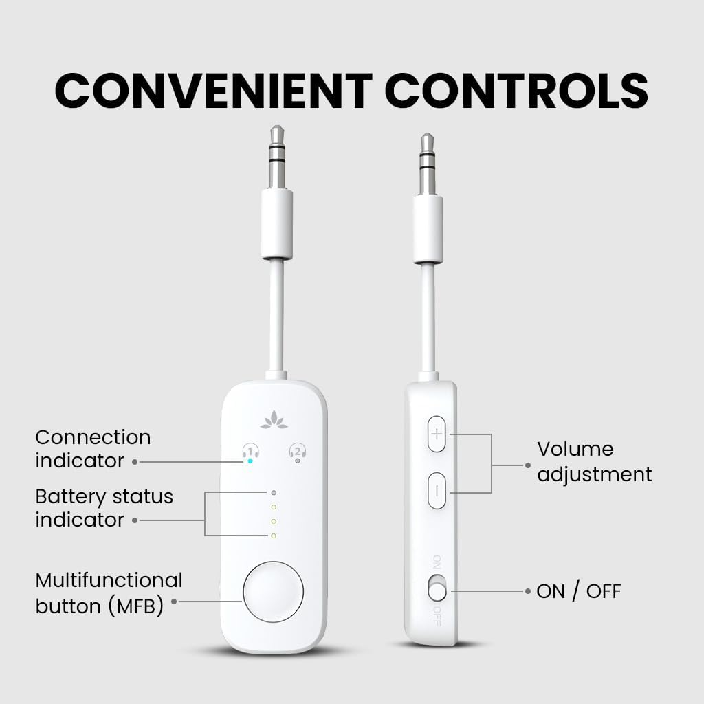 Avantree Relay - Airplane Bluetooth 5.3 Adapter with Qualcomm aptX Adaptive, Supports 2 AirPods or Headphones, 20Hr Playtime, 3.5mm AUX Wireless Audio Transmitter for Travel Flight, Airline, Gym
