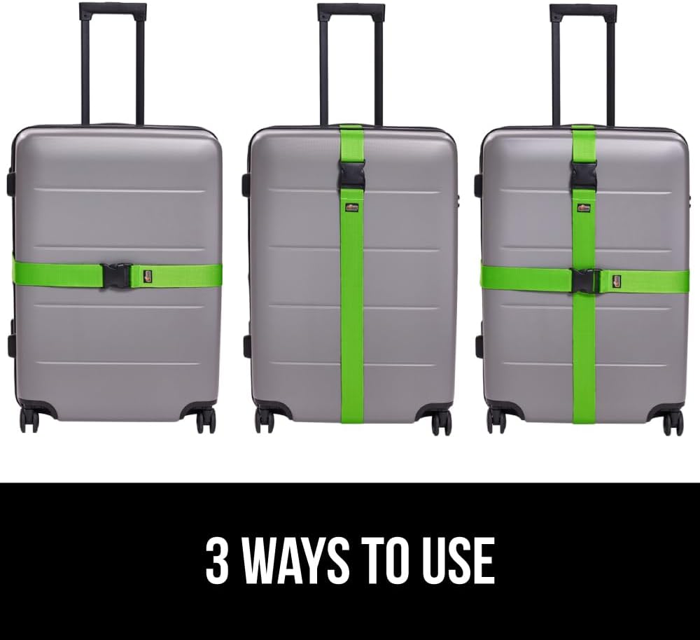 GORILLA GRIP Heavy Duty Adjustable Luggage Straps for Suitcases, Easy to Identify Travel Belt Connector Holds Suitcase Together, Holiday Travel Gift, Stocking Stuffer, Accessories, 2 Pack Green