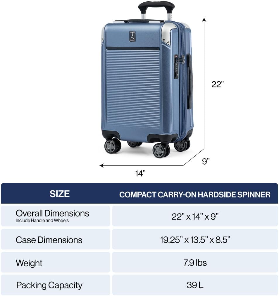 Travelpro Platinum Elite Hardside Expandable Carry on Luggage, 8 Wheel Spinner, TSA Lock, Hard Shell Polycarbonate Suitcase, Dark Sky Blue, Compact Carry On 20-Inch