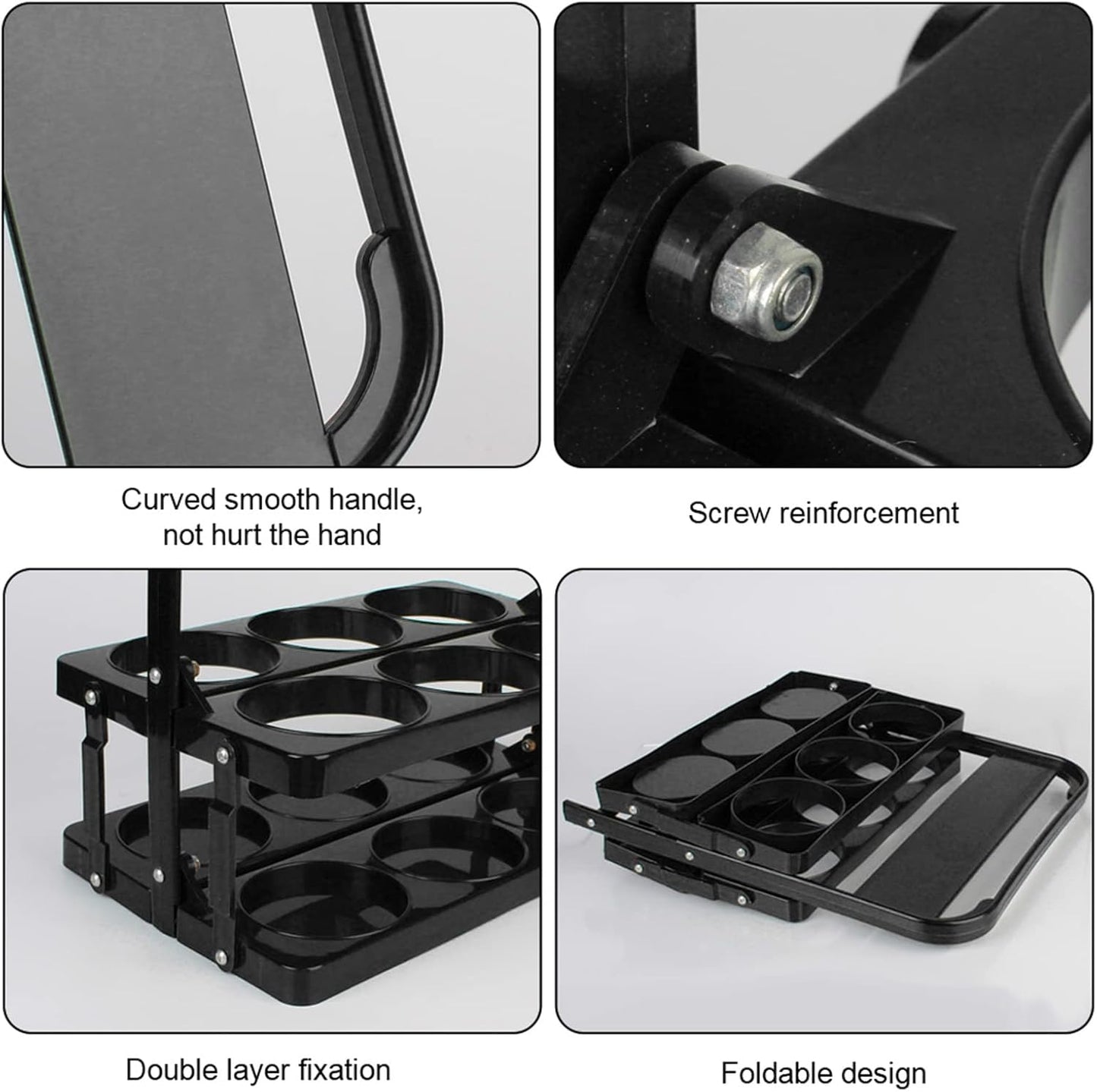 Plastic Foldable Cup Holder, Black, 13 inches, Holds 6 Beverages, Portable for Delivery, Takeout, Camping and Travel
