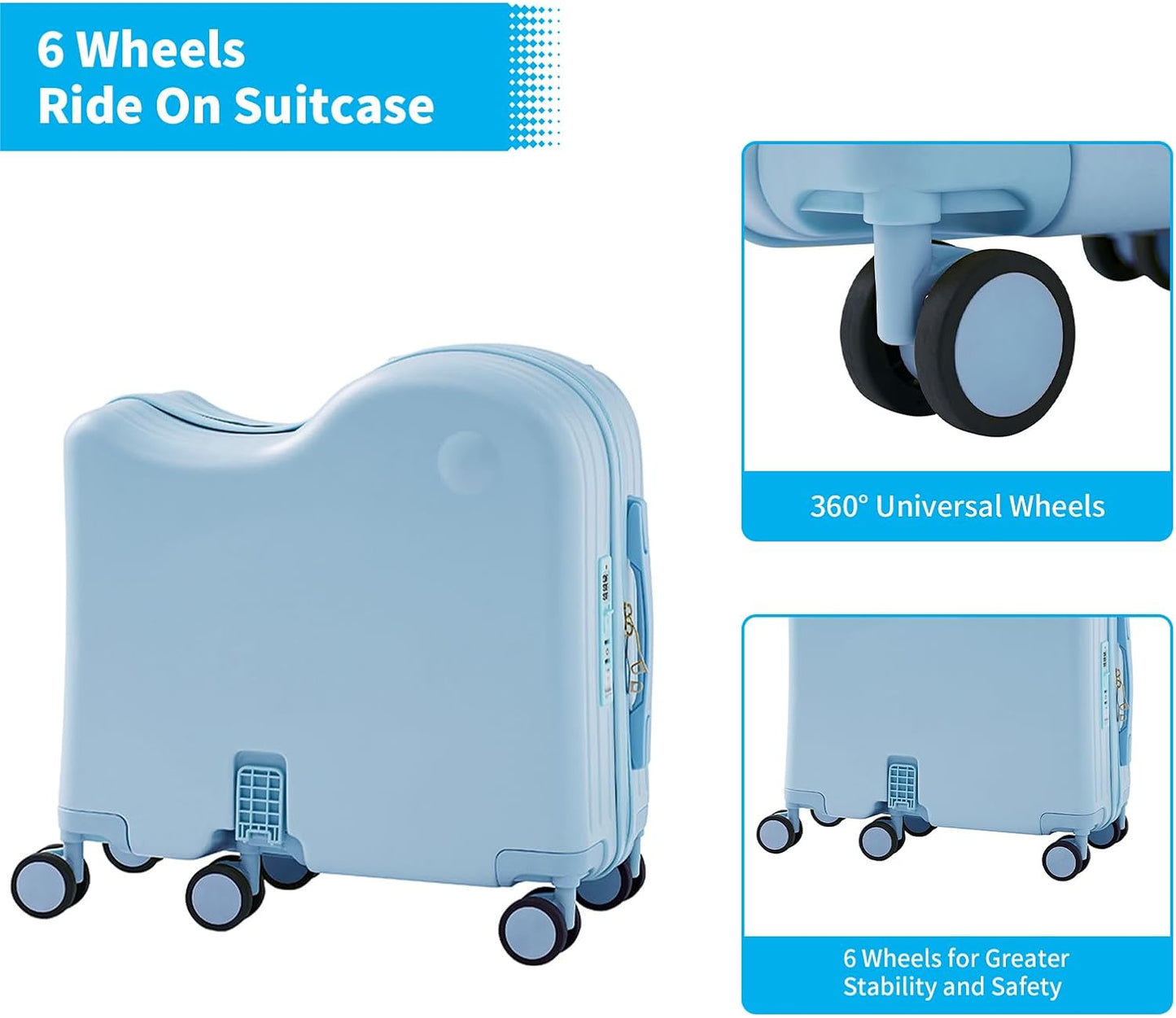 TABU Ride-on Luggage with Handbag for Kids,Hardshell Carry On Suitcase with Hidden Cup Holder, Foldable Pedal,Type-C & USB Interface, TSA Lock, 6-Spinner Wheels, Blue