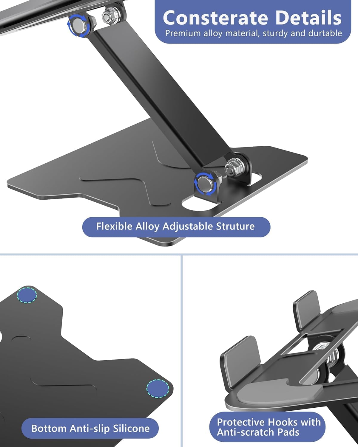 Adjustable Laptop Stand for Desk, Metal Foldable Laptop Riser, Portable Laptop Holder Mount, Ventilated Cooling Computer Notebook Stand for MacBook Air Pro, All 10-16'' Notebooks Laptops, Black