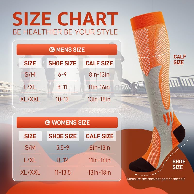 Kickticks 4 Pairs Compression Socks for Woman & Man Unisex 20-30mmHg Knee high Plus Size Wide Calves for Flying Running…