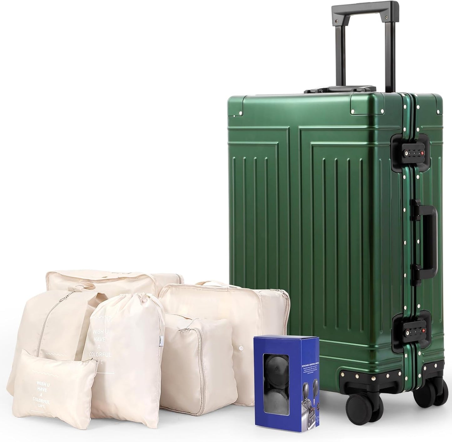 All Aluminum Carry On LuggageοΌCut from Whole Aluminum SheetοΌ22x14x9 Airline Approved οΌοΌ3rd GenerationοΌPremium Metal zipperless suitcase οΌ (green, 26inch)