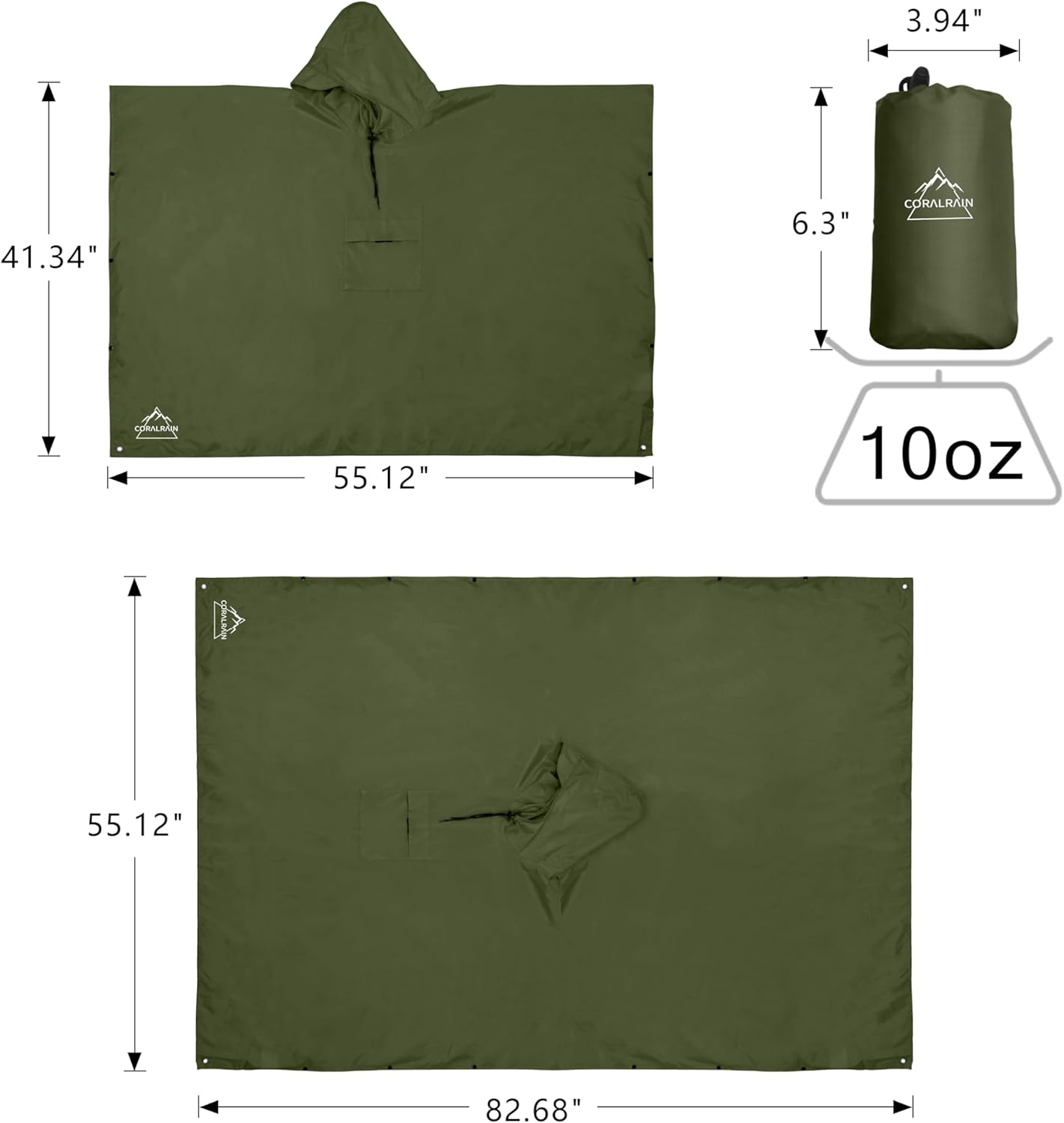 Coralrain Hooded Rain Poncho Lightweight Waterproof Unisex Raincoat Jacket with Pocket for Men Women Adult