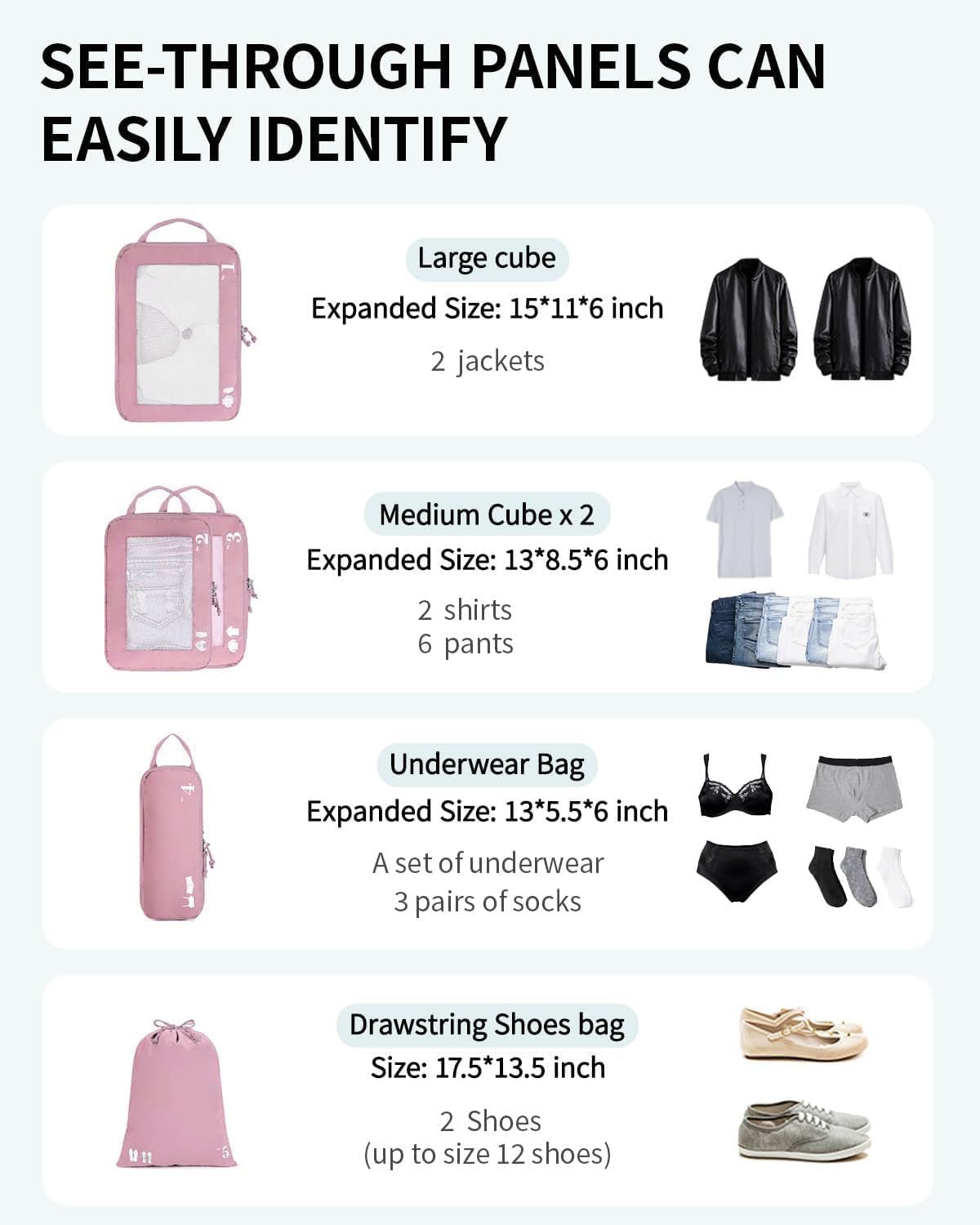 ECOHUB 5 Set Compression Packing Cubes for Suitcases Organiser Bags Set Travel Essentials with Shoe Bag for Traveling Tear-resistant Travel Accessories with ID Tag Expandable Packing Bags(Pink)