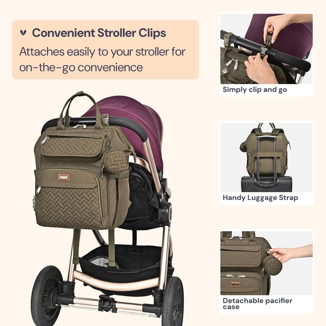 BabbleRoo Diaper Bag Backpack, Multifunction Nappy Changing Bag with Changing Pad, Stroller Straps & Pacifier Case, Unisex Stylish Travel Back Pack for Moms & Dads - Army Green
