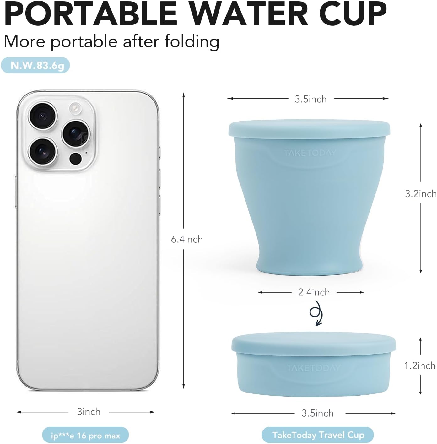 TakeToday Collapsible Travel Cup - Silicone Foldable Water Cup, BPA-Free with Lid & Waterproof Bag - Drinking Cup Set for Office, Camping & International Travel(8 Oz, Blue)