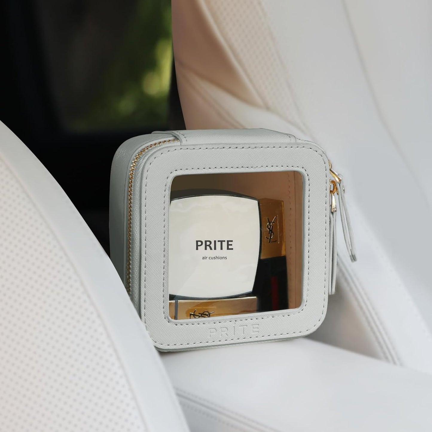 Prite Small Makeup Bag for Women Portable Clear Makeup Bag Cute Mini Waterproof Travel Cosmetic Bag with Gold Zipper for Car Essentials(Grey)