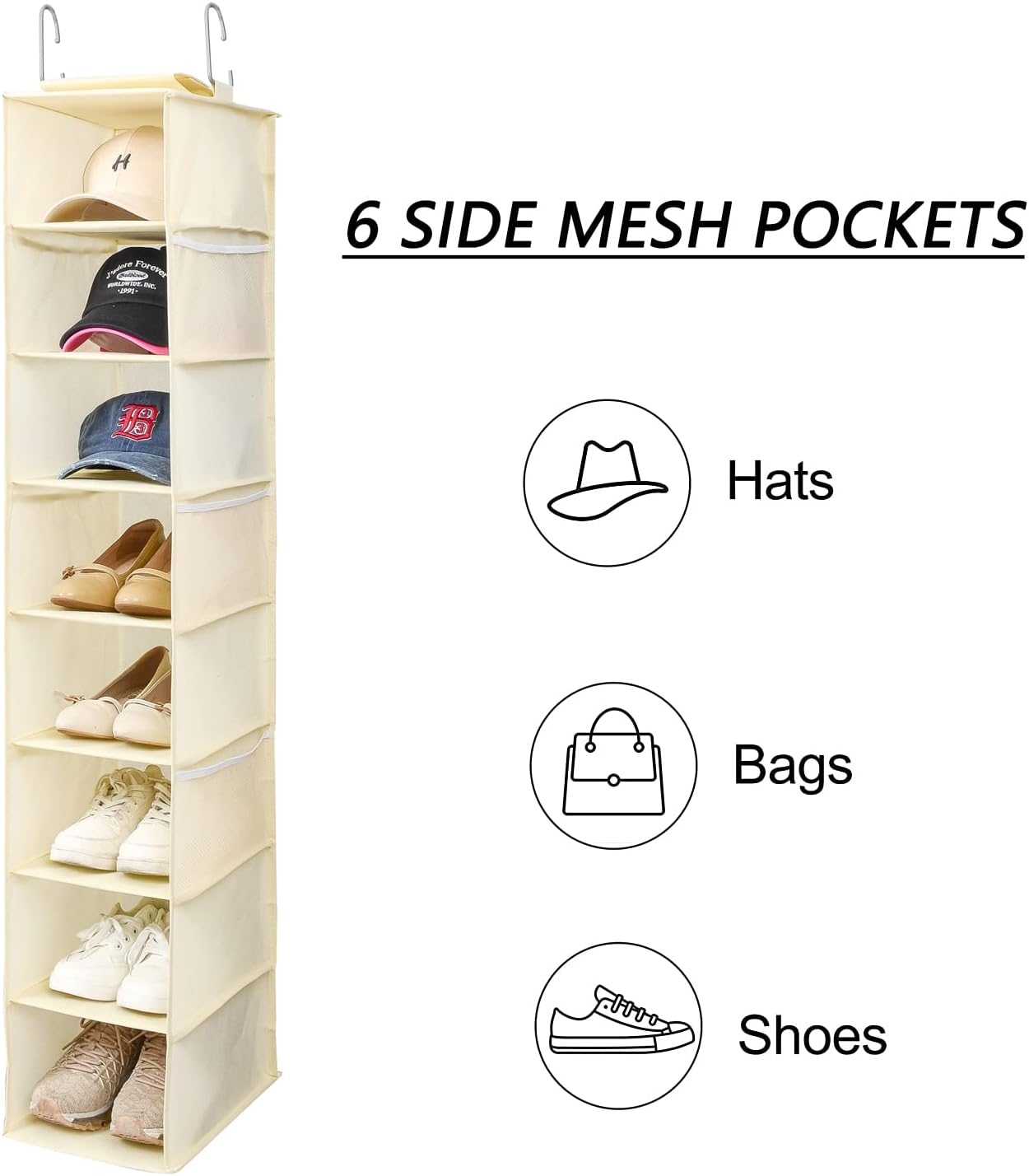 Hanging Shoe Organizer for Closet with Side Mesh Pockets,Hat Racks for Baseball Caps,Shoe and Hat Holder & Storage,8-Shelf,Beige,1 Pack