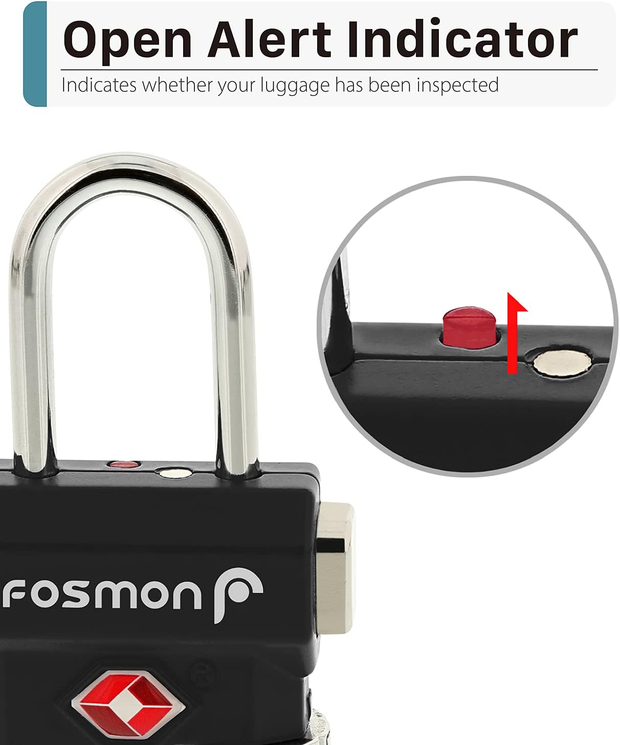 Fosmon TSA Accepted Luggage Locks, (4 Pack) Open Alert Indicator 3 Digit Combination Padlock Codes with Alloy Body and Release Button for Travel Bag, Suit Case & Luggage - Black