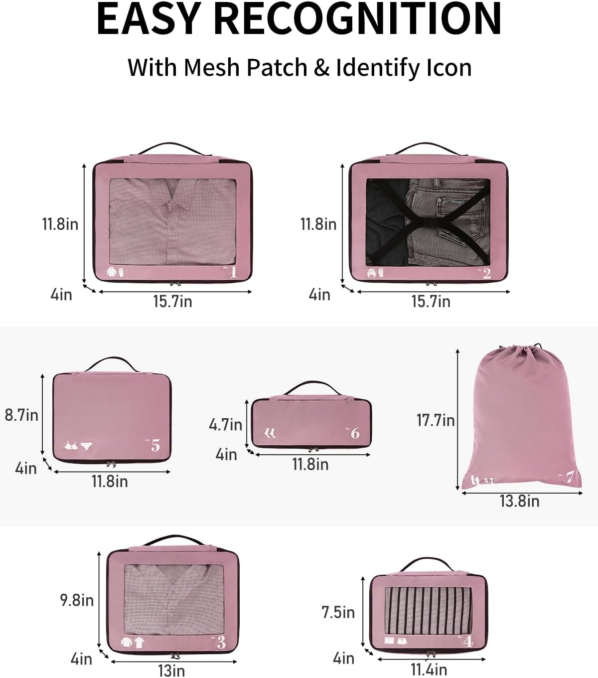 ECOHUB 7 Set Packing Cubes Tear-Resistant Luggage Packing Organizers with Number Icon for Travel Accessories Luggage Suitcase Machine Washable Packing Cubes (Pink)