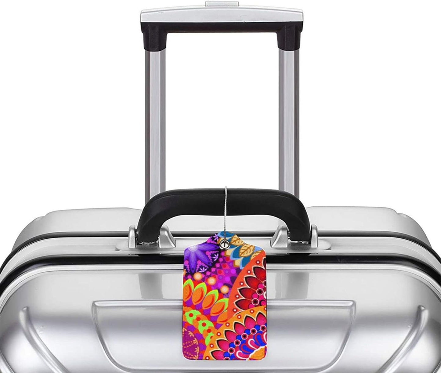 Colorful Mandala Style Luggage Tags Bright Red Bag Tag with Full Back Privacy Cover Name ID Card Stainless Steel Loop Suitcase Labels Address Card PU Leather Baggage Tags Luggage for Travel, 2 Pcs