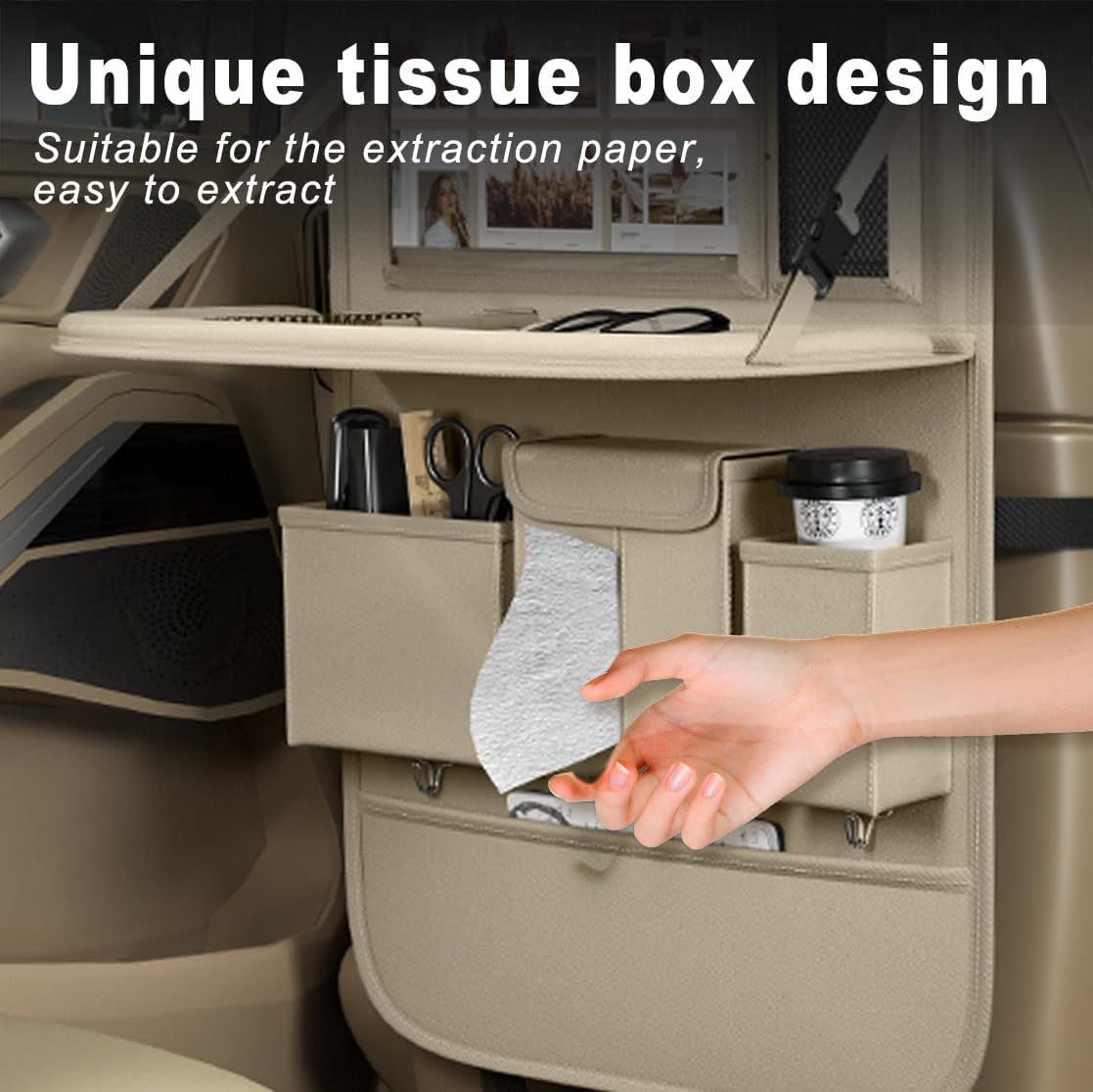Car Seat Organizers,Multi-functional Back Seat Protectors, Storage Pouches, and Tray Holders (for Cars, Kids, Seat Back and Rear Seats) (Plain Beige, 1 Pcs)
