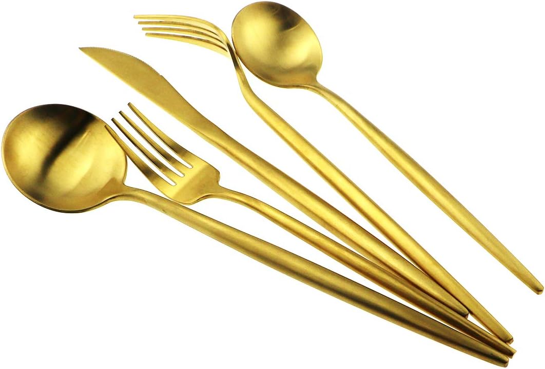 Gugrida 20-Piece 18/10 Stainless Steel Flatware Silverware, Luxury Dinnerware Set Travel Cutlery Tableware Include Knife Fork Spoon Service for 4,Healthy & Eco-Friendly Dishwasher Safe (Gold Matte)