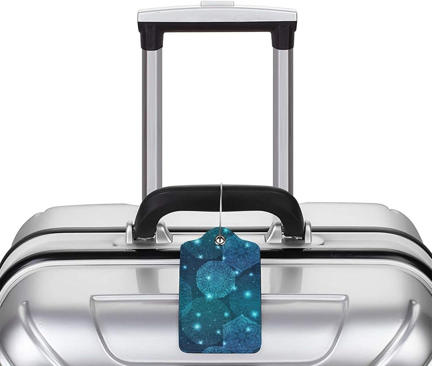 2Pcs Glowing Mandala Themed Luggage Tags for Suitcases, Beautiful Art Teal Blue Name ID Identifier Labels for Baggage Travel Bag, Shine Aesthetic Leather Bag Tags with Full Privacy Cover