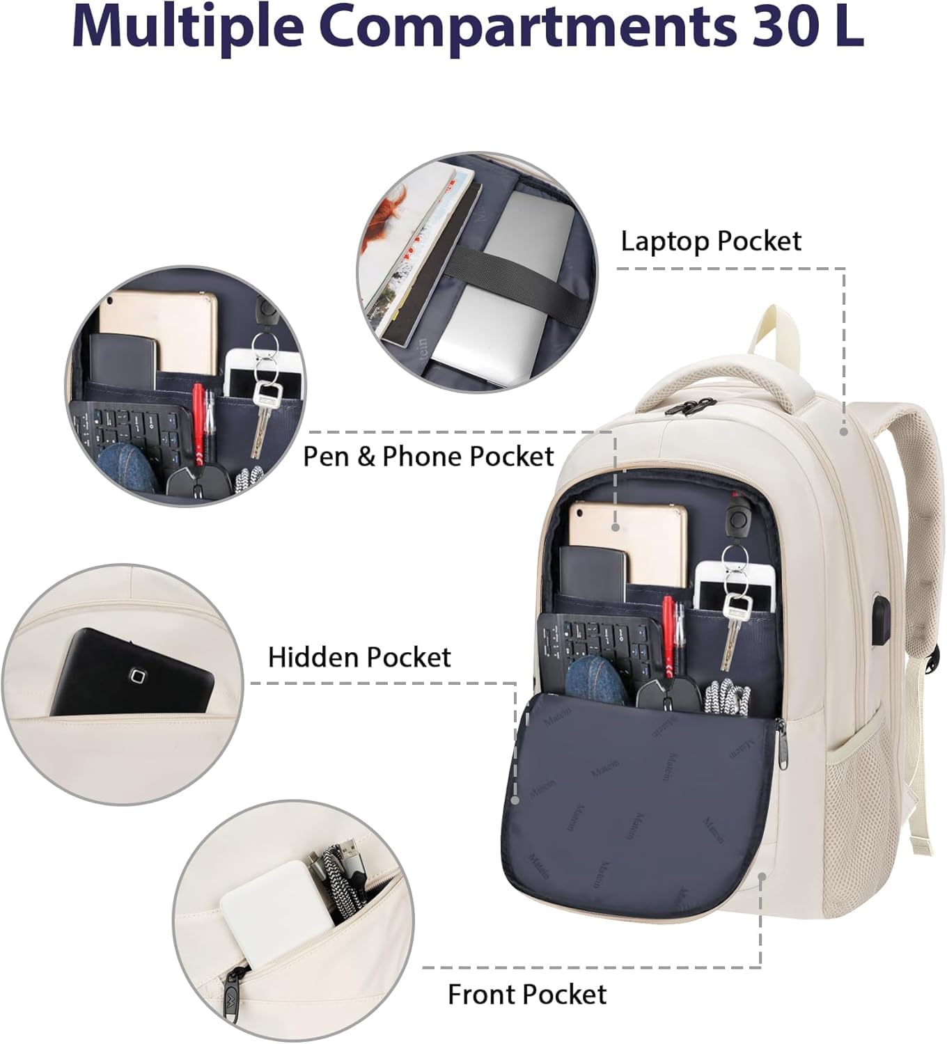 MATEIN Laptop Backpack Women Large Capacity, Travel Backpack TSA Approved with Luggage Strap & USB Port, Water Resistant Teacher College Bookbag Fits 17 Inch Computer, Stylish Beige Work Daypack