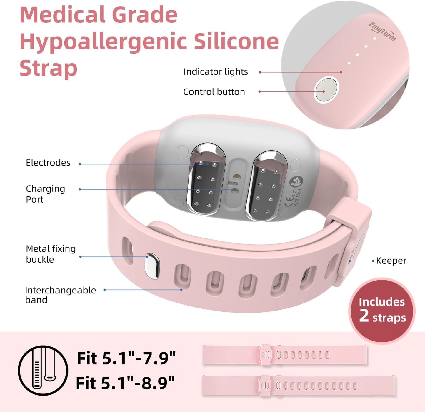 EmeTerm Fashion Pink Anti-Nausea Wristband Relieve Morning Motion Travel Sickness Rechargeable Drug Free Bands Without Side Effects - Extra 2pack Conductive Gel