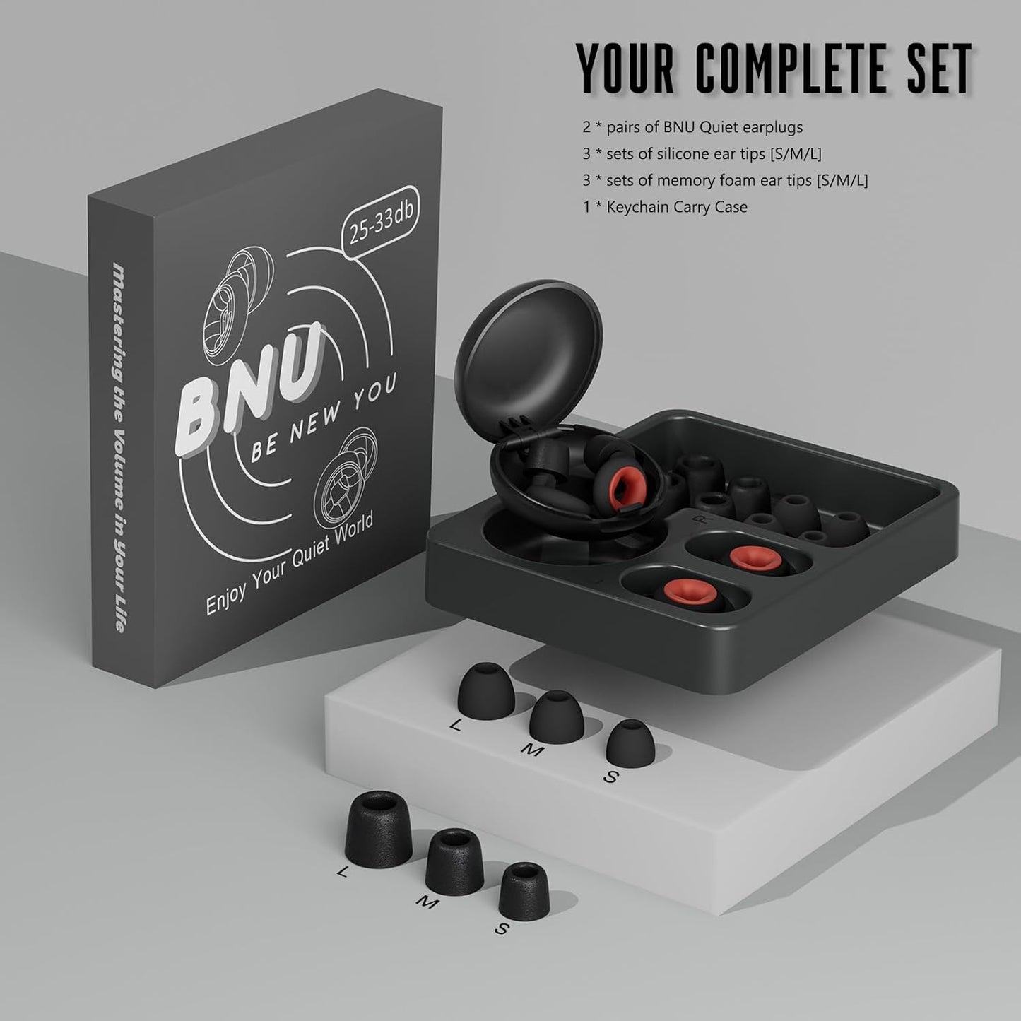 Concert Ear Plugs, 2 Pair BNU High Fidelity Noise Cancelling Earplugs Hearing Protection for Musicians,Festivals,Raves Sleep, 25-33db Noise Reduction 6 Pair Reusable Foam&Silicon Tips in S/M/L Black