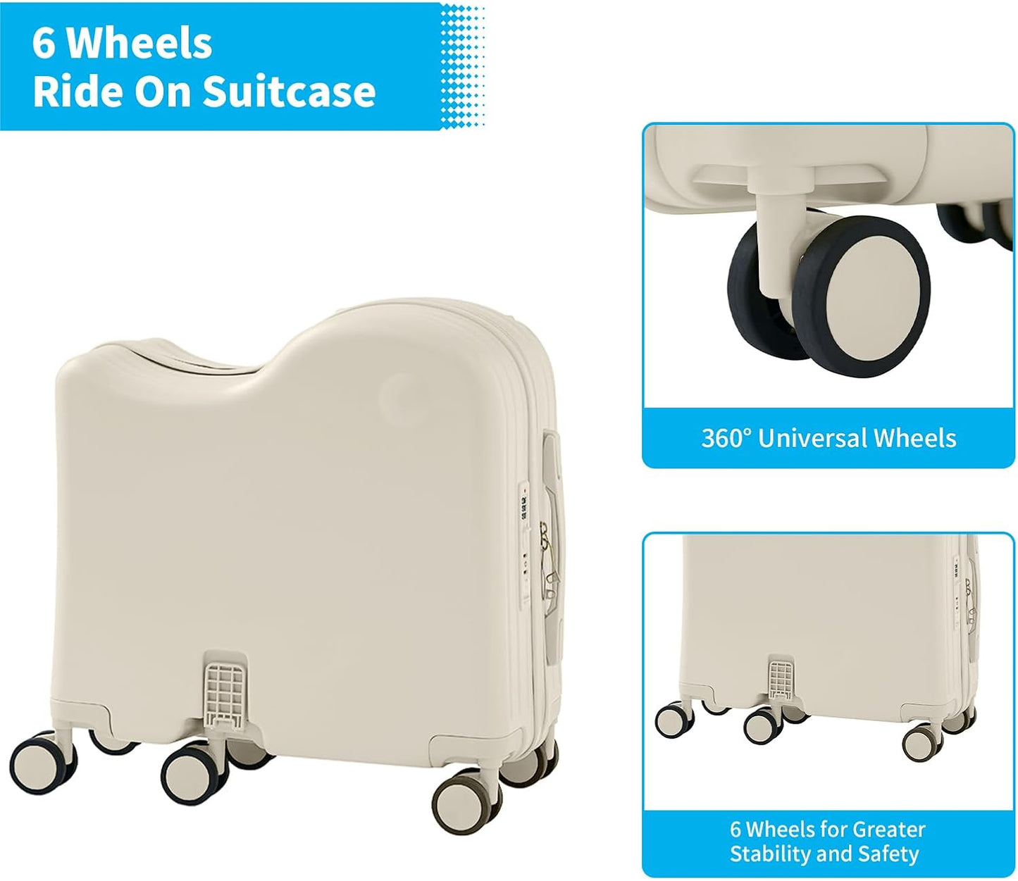 TABU Ride-on Luggage with Handbag for Kids,Hardshell Carry On Suitcase with Hidden Cup Holder, Foldable Pedal,Type-C & USB Interface, TSA Lock, 6-Spinner Wheels, White