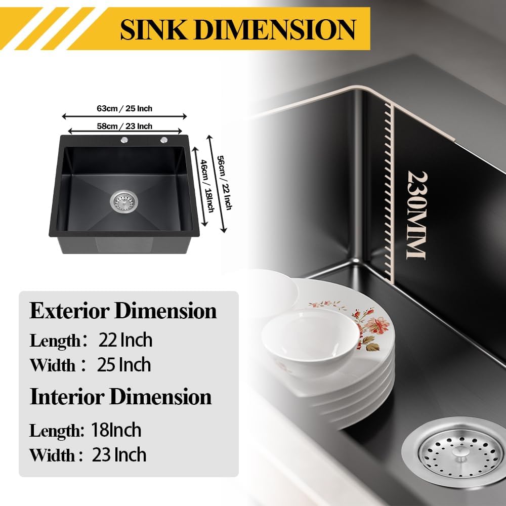 Black Kitchen Sink, Stainless Steel Topmount 25x22x9 Inch Single Bowl Drop In Kitchen Sink Combo- Stainless Grid,Soap Dispenser,Faucet Mat,Drain Strainer Set for Modern Style Kitchen&Bar