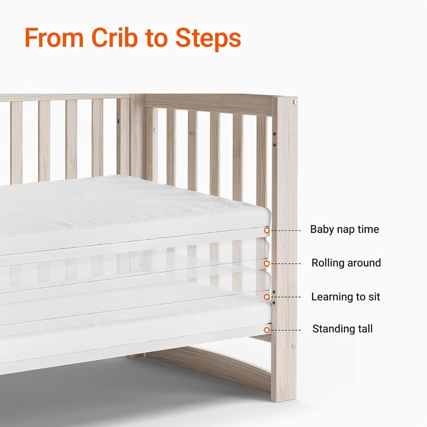 EvoNest Baby Crib, 6 in 1 Convertible Mini Crib with Wheels, 100% New Zealand Wood Growing Bed, 4 Adjustable Mattress Height, Washed Natural