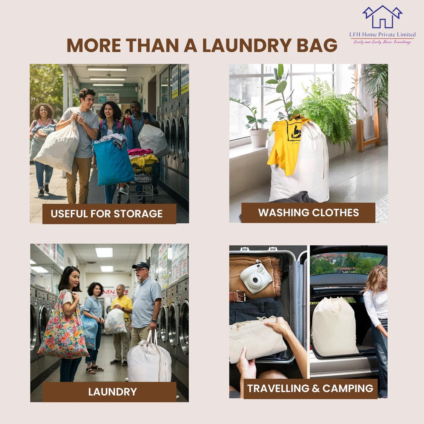 LFH Home Cotton Canvas Extra Large Laundry Bag with Handle, Stylish Drawstring Heavy Duty Laundry Bags For Travel, Home, Hotel, College Dorm and Camp Storage Bag 24x36 Inch, White, Thanks Giving