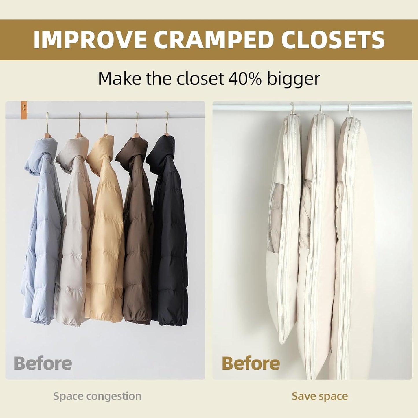 3 Packs Space Saving Garment Bag with Self Compression Zipper, Travel Suit Bags for Closet Storage, Hanging Garment Bag for Coats, Down Jackets (M+L+XL,Beige)