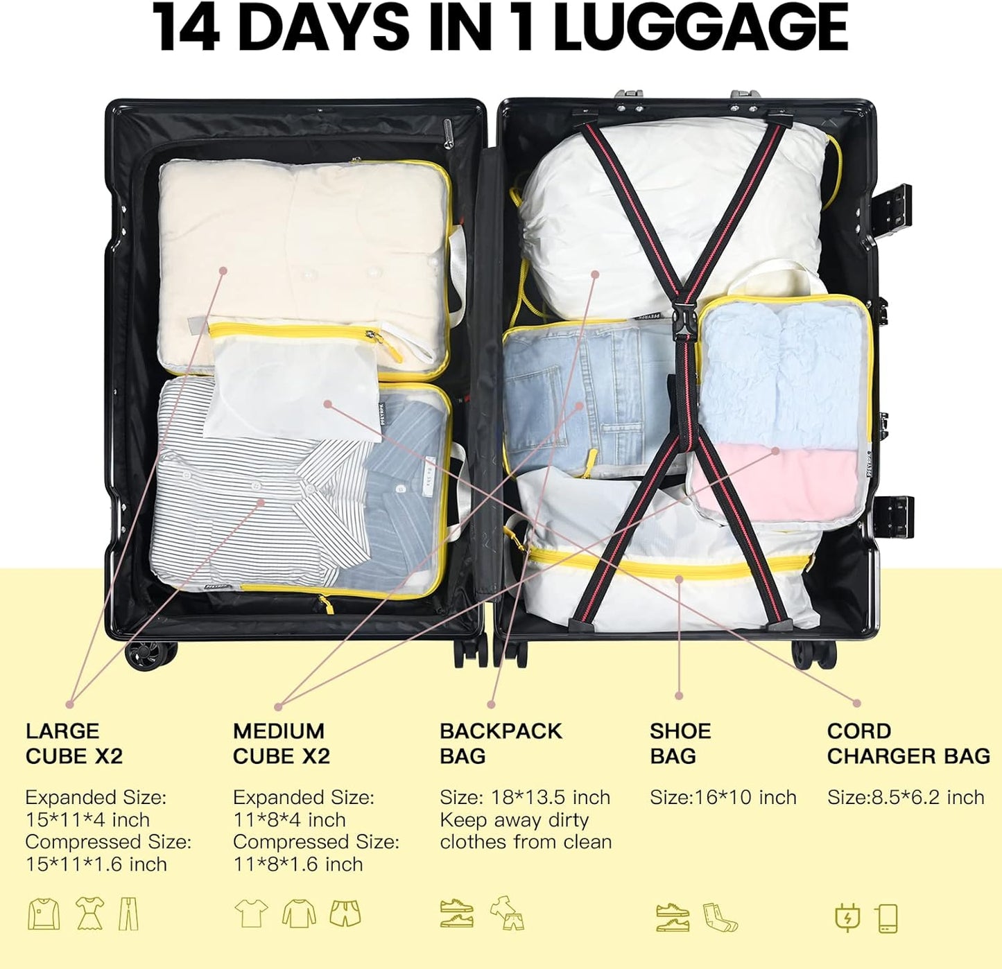 Lightweight Compression Packing Cubes for Suitcases, Compressible Expandable Travel Packing Organizer with Clear Toiletries and Backpack Bag, Travel Essentials for Carry on Luggage 7 Set