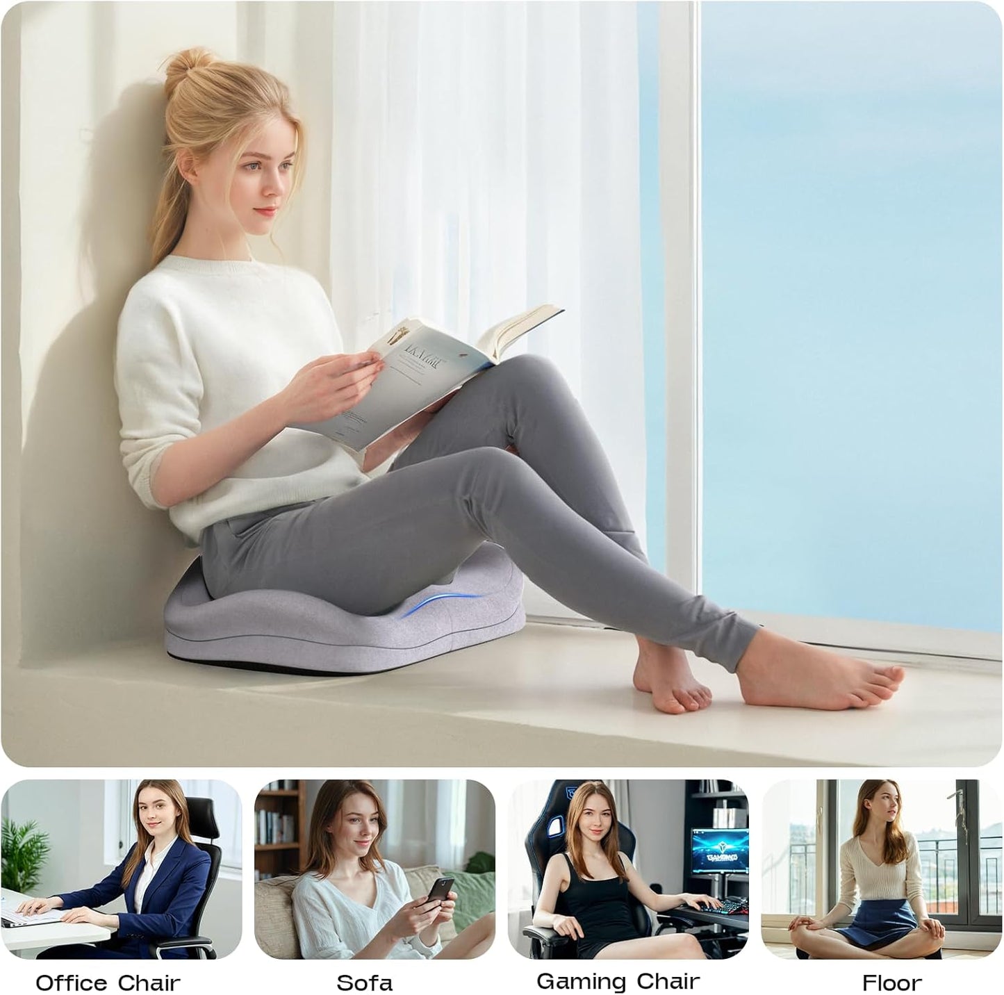 Seat Cushions for Office Chairs - Patented Extra Large Seat Cushion 21.2" W x 16.5" L - Memory Foam Seat Cushion for Tailbone Pain Relief, Sitting Pressure Relief (Light Grey)
