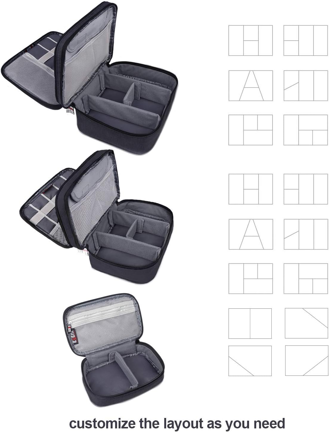 BUBM 3pcs Double Layer Electronic Organizer, Travel Gadgets Bag for Cables, External Flash Drive, Mouse, Memory Card, Power Bank and More, Compact and Multi-purpose, Black
