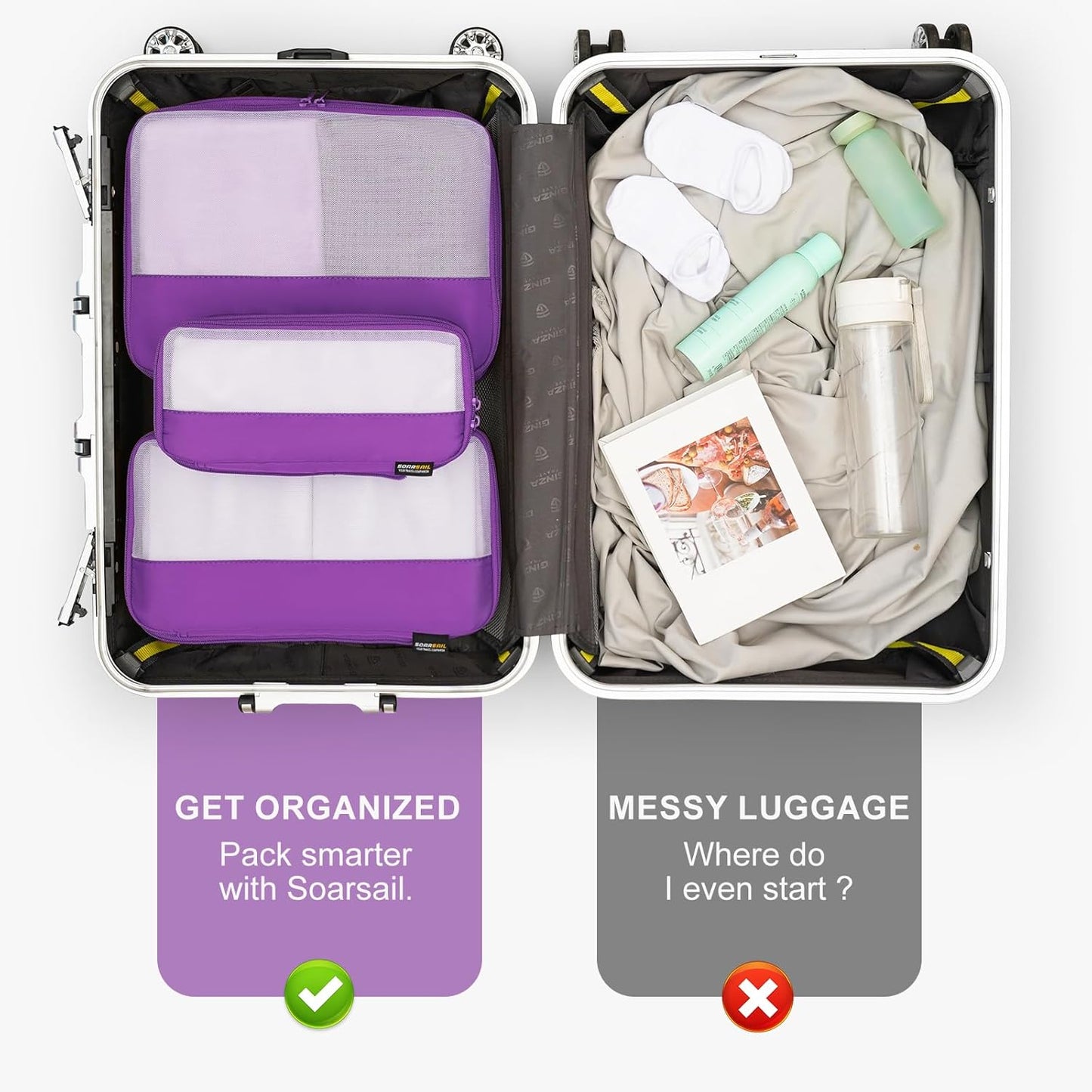 4 Set Compression Packing Cubes for Travel, Suitcases and Backpack Space Saving Organizers (Bright Purple)