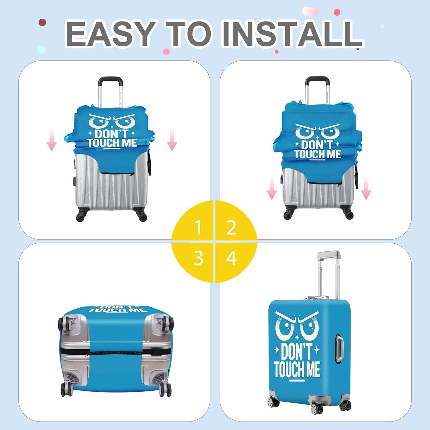 ANNA QUEEN Funny “Don’t Touch Me” Luggage Cover, Bold Blue Suitcase Protector with Angry Eyes Design, Stretchable, Washable Travel Cover for 32-34 Inch Luggage