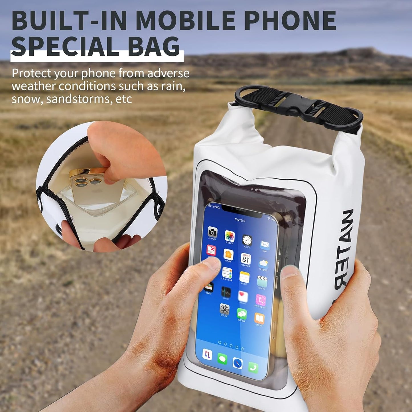IP68 Waterproof Dry Bag, 2L - Roll Top Waterproof Pool Bag,Dry Bags for Kayaking Waterproof-w/Phone Pouch,Large Waterproof Phone Pouch,Boating & Kayak Accessories Camping (White)
