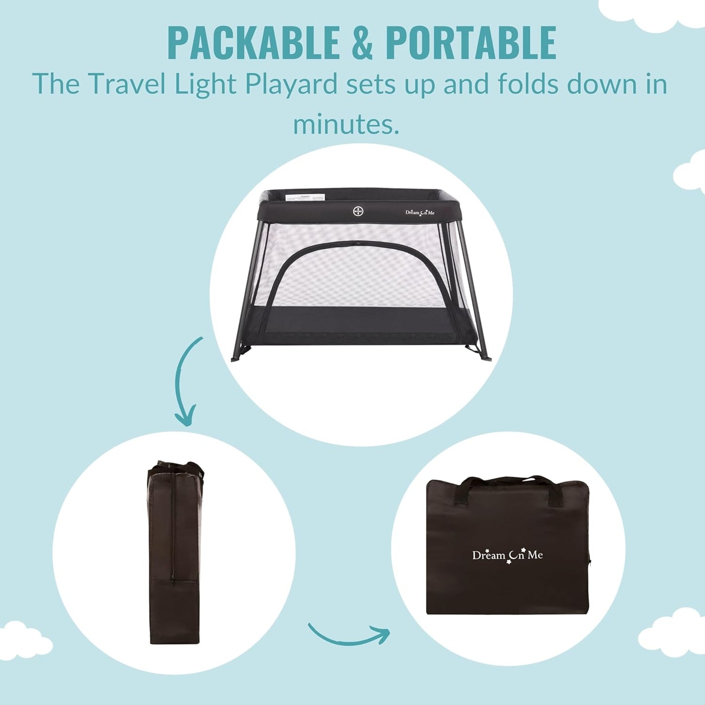Dream On Me Travel Light Playard with Mesh Zipper Door in Black