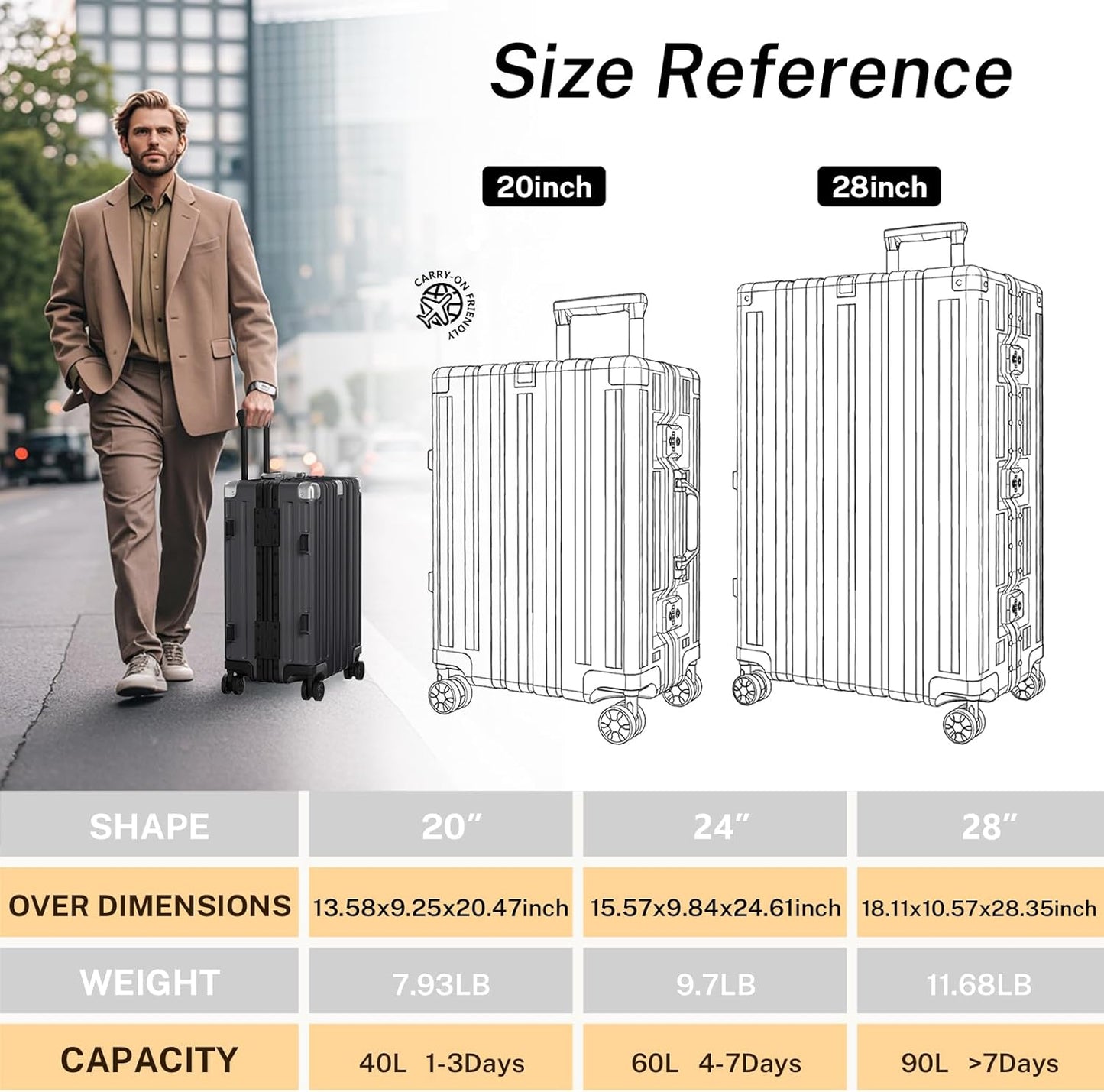 Krute Luggage 28 Inch Aluminum Frame Luggages TSA Lock No Zipper Checked Suitcase with Spinner Wheels PC+ABS Hardshell Lightweight Large Suitcases
