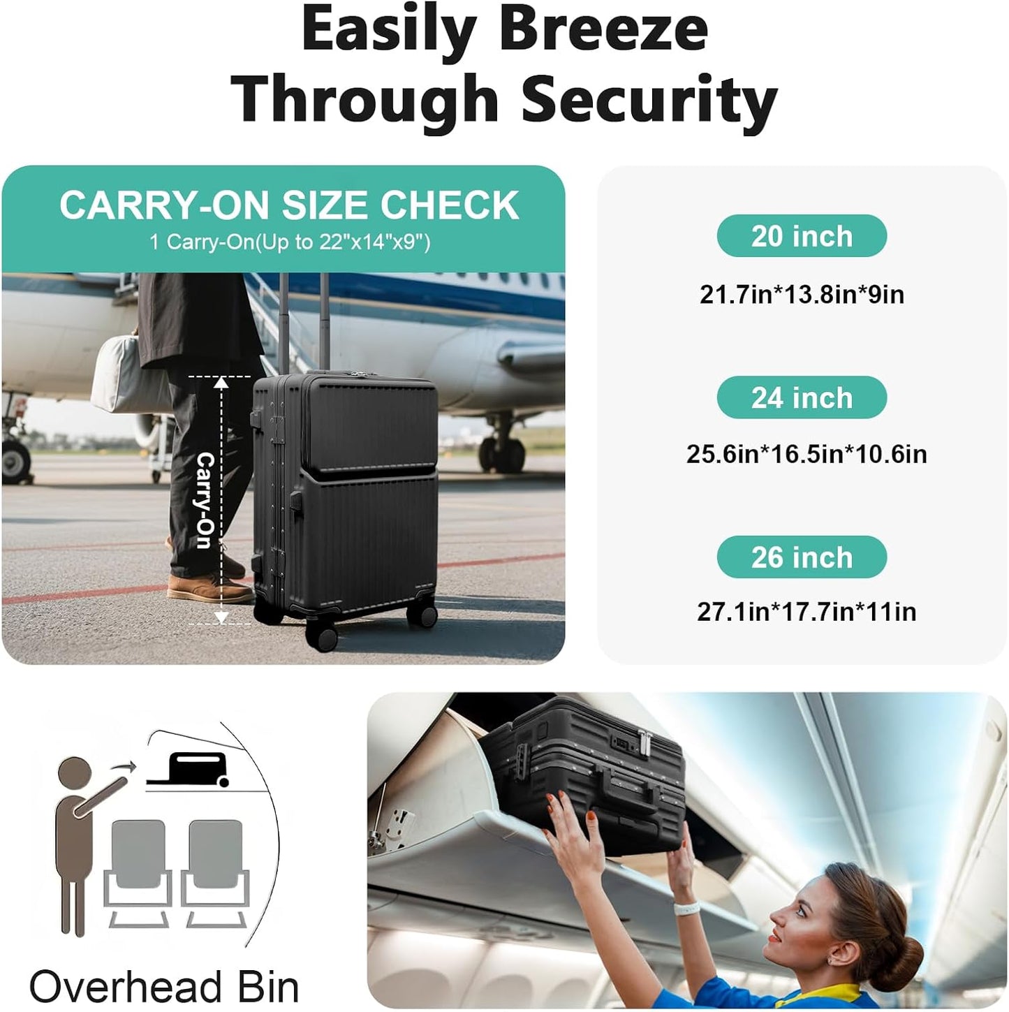 Hard Shell Luggage 24 Inch Travel Luggage, Carry-On Luggage Spinner TSA with Lid, ABS Aluminum Frame,Lightweight Travel Luggage 20'' 24'' 26''Carry-On (upgraded black, 24 inch)