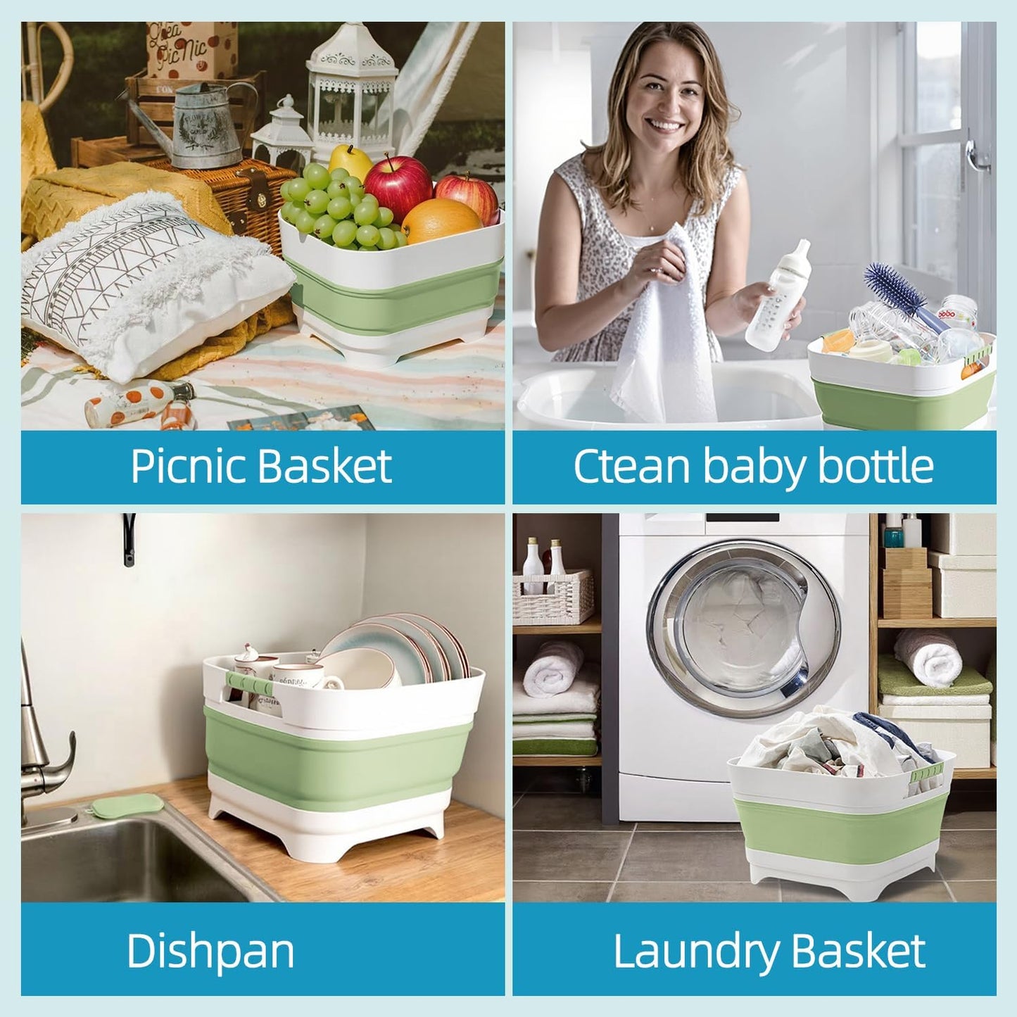 Collapsible Wash Basin for Baby Bottles - 2.4 Gallons Portable Wash Bin for RV Camping Sink, Space-Saving Dish Tub.Laundry & Utility Room Sinks (Green)