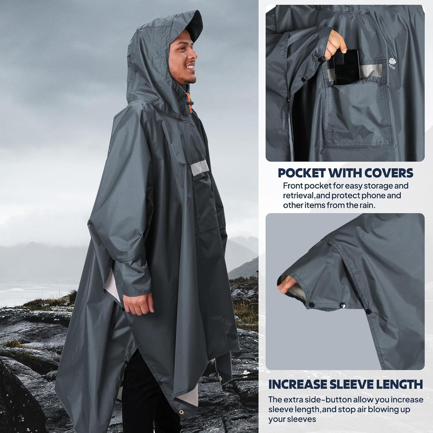 ANYOO Hooded Rain Poncho for Adults Waterproof Lightweight Rain Coat for Men Women Reusable Rain Jacket for Emergency Outdoor