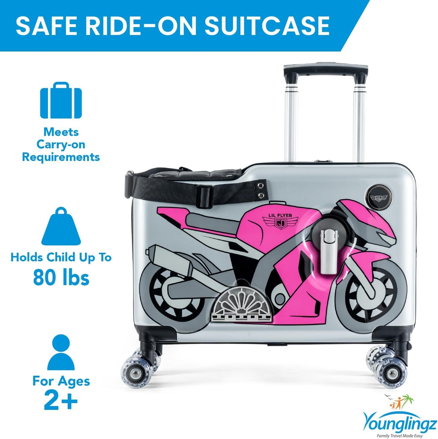 Younglingz LIL FLYER GO Version 2 Ride On Suitcase for Kids | Carry On Luggage with Toddler Seat, Foldable Handlebars, Pedals, and Removable Wheels | Holds up to 80 lbs | Pink Motorcycle | Ages 2-6