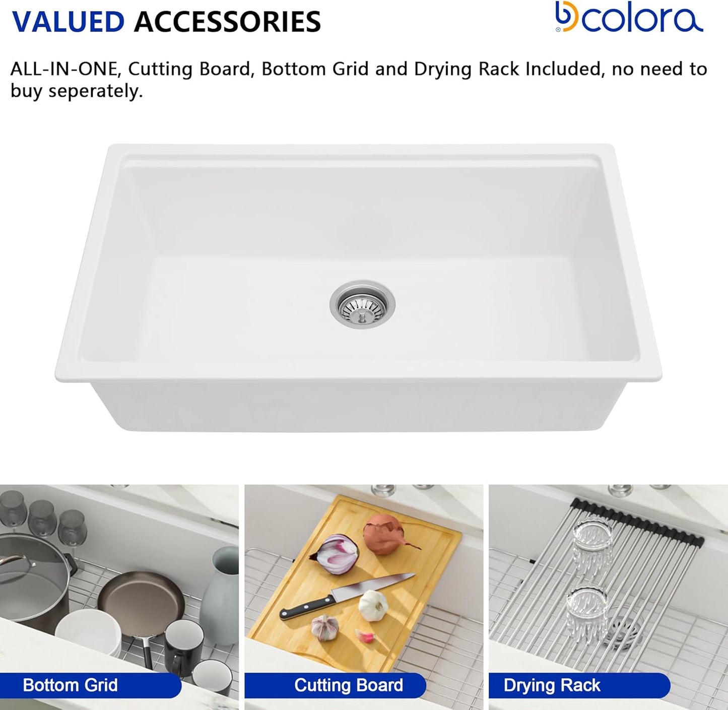 Dcolora 33 Inch White Granite Composite Kitchen Sink Workstation Undermount Single Bowl sink Large Sink For Kitchen,DC-GU2514