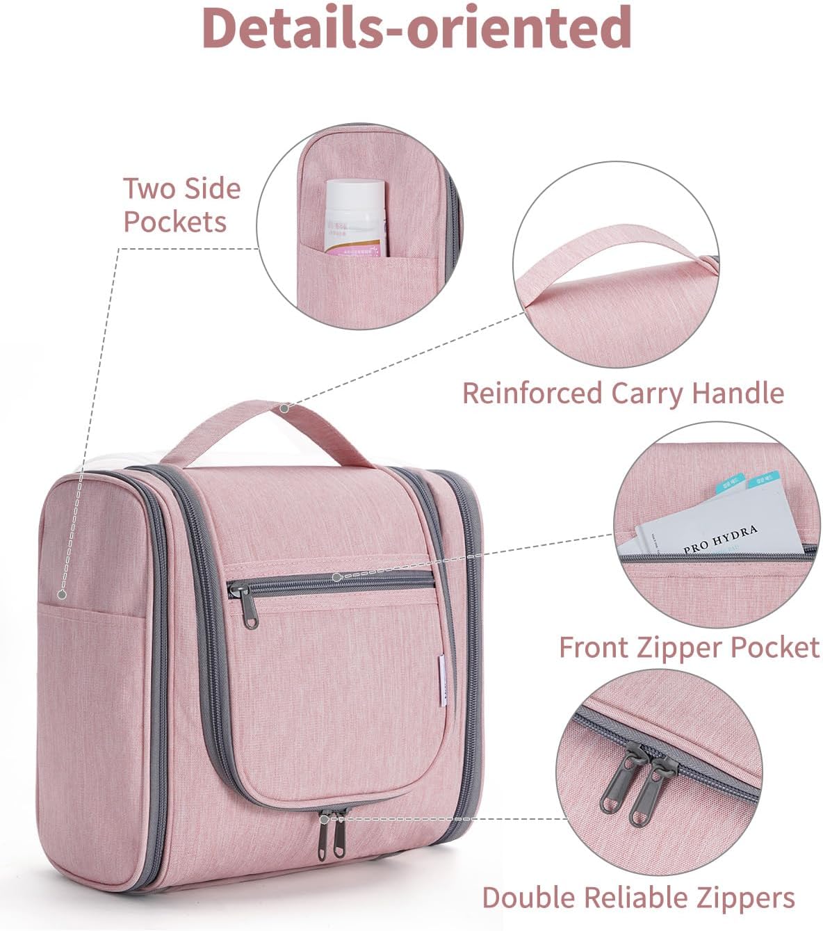Narwey Hanging Toiletry Bag for Women Travel Makeup Bag Organizer Toiletries Bag for Cosmetics Essentials Accessories(Large, Pink)