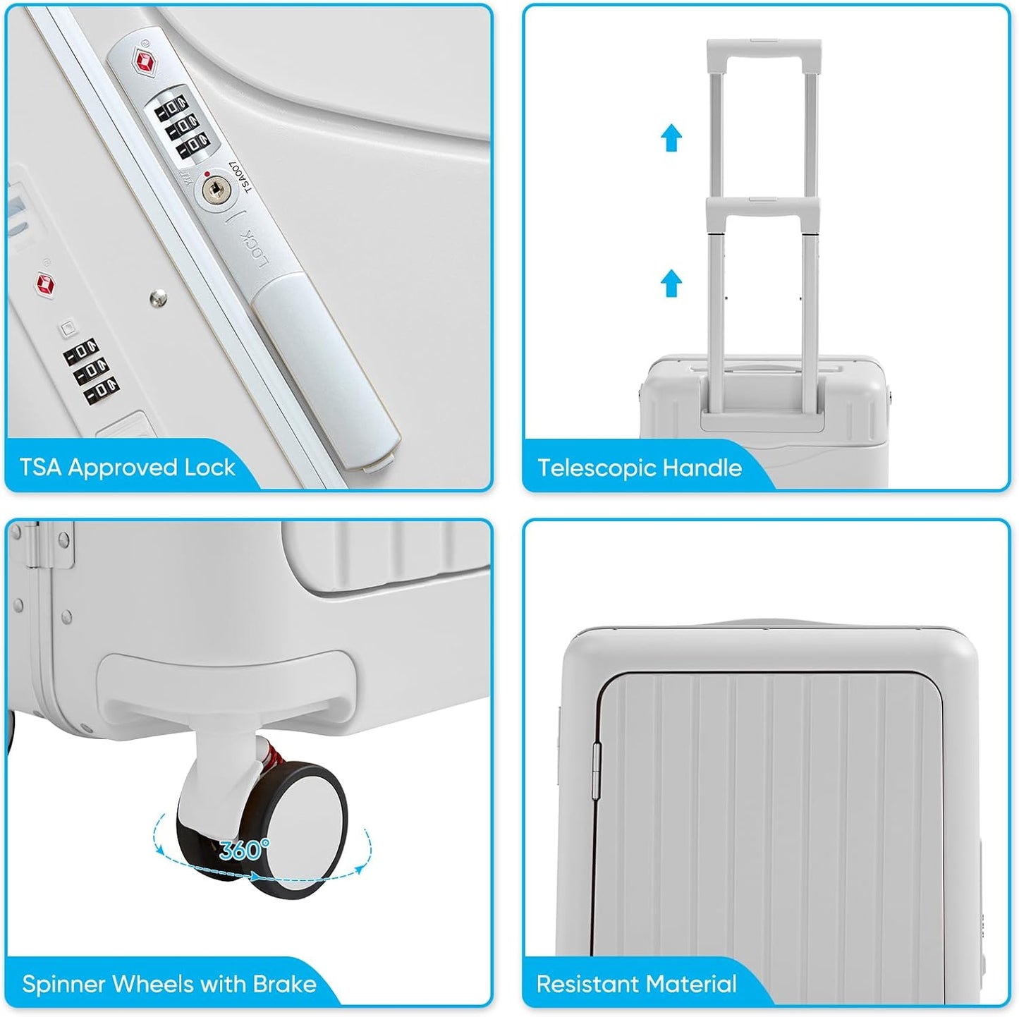 TABU 20" Ride-on Luggage with Seat,Front Opening Carry-On Hardshell Ride On Suitcase with Built-in Charging Port, 360° Lockable Spinner and TSA Lock, for Kids & Adults, White