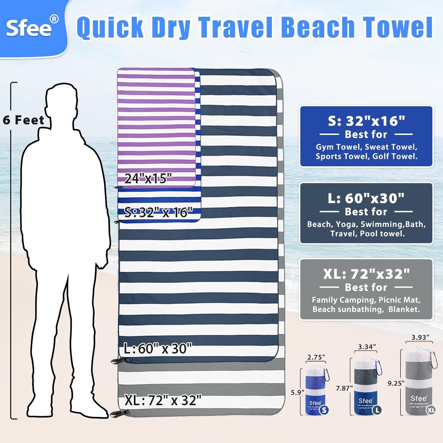 Sfee 2 in 1 Microfiber Oversized Beach Towel, Quick Dry Travel Towel Camping Towel Super Absorbent Compact Lightweight Sports Gym Towel for Beach,Gym, Hiking, Pool, Backpacking, Bath, Yoga