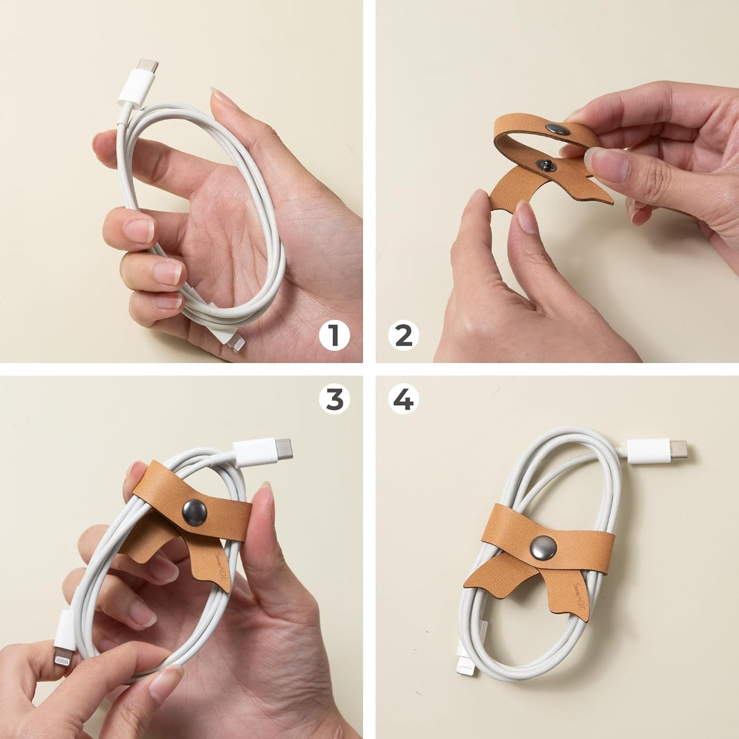 SenseAGE 5 Pack Cord Organizer, Bow Cord Keeper, Cable Organizer USB Holder, Leather Cable Management, Cable Straps, Earphone Winder, Storage Straps for Electronics, Earbuds (Camel Brown, Small)