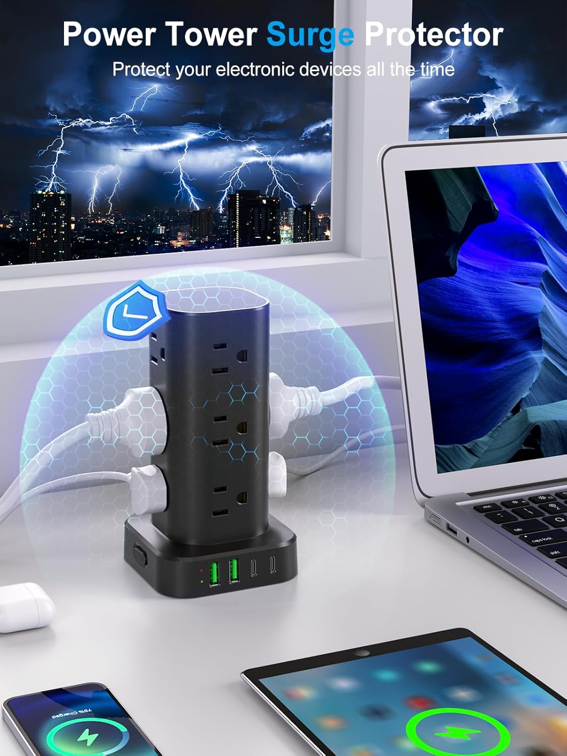 Power Strip Tower with Wireless Charger, Flat Plug Surge Protector Tower with 10FT Extension Cord, 12 AC Multiple Outlets, 4 USB (2 USB C),15W Wireless Charging Power Tower for Home Office Dorm, Black