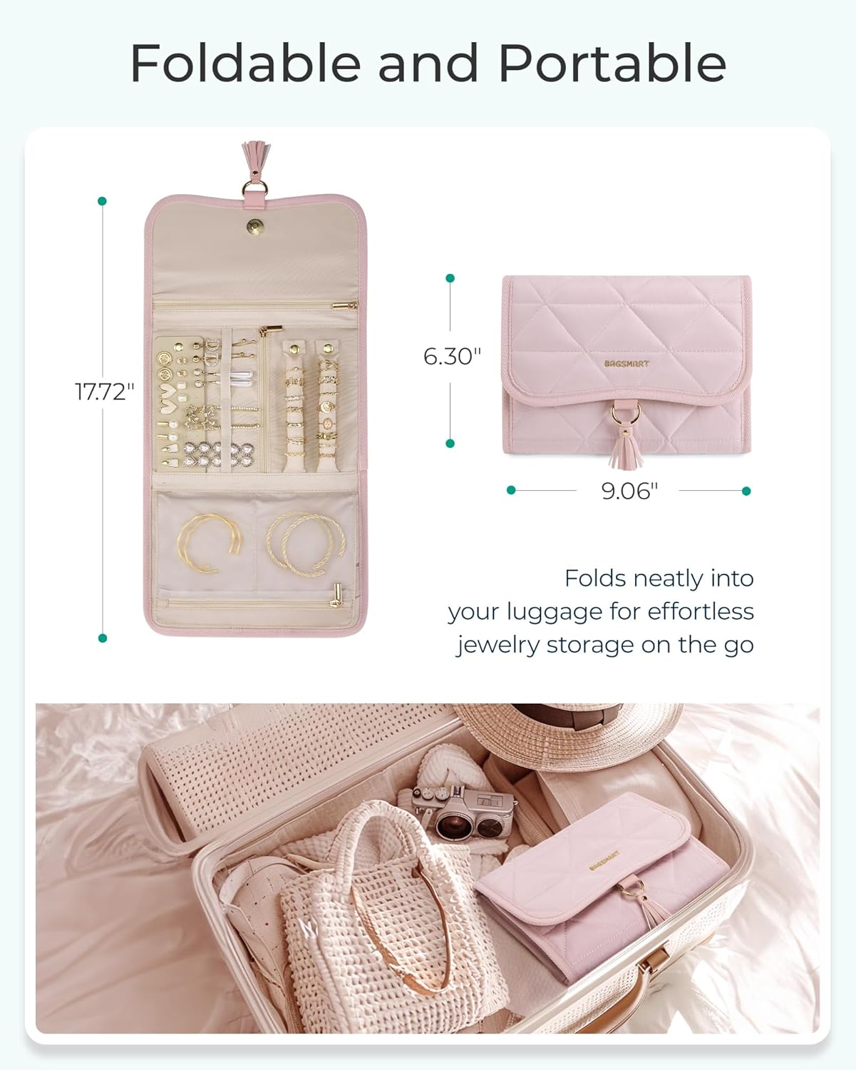 BAGSMART Travel Jewelry Case Organizer, Roll Foldable Jewelry Case for Journey-Rings, Necklaces, Earrings, Bracelets, Brooches, Portable Travel Essentials, Pink