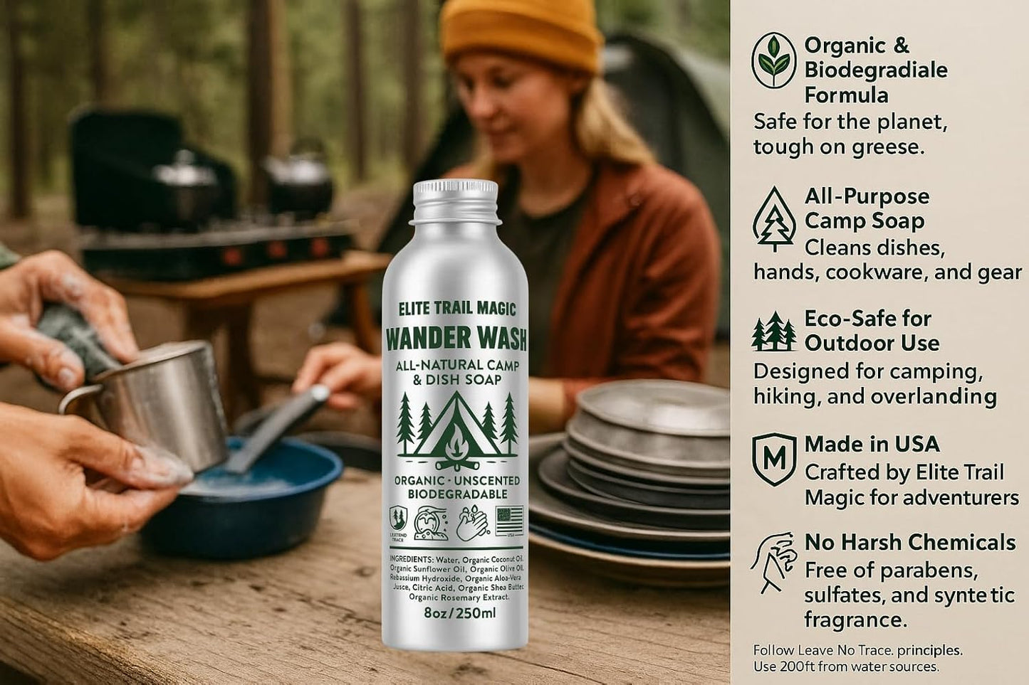 Wander Wash -Biodegradable Camp & Dish Soap Unscented | Made in USA | Organic All-Purpose Camping Gel Soap for Dishes, Hands & Gear β Eco-Friendly Reusable Aluminum Bottle | (8oz) (8floz/250ml)