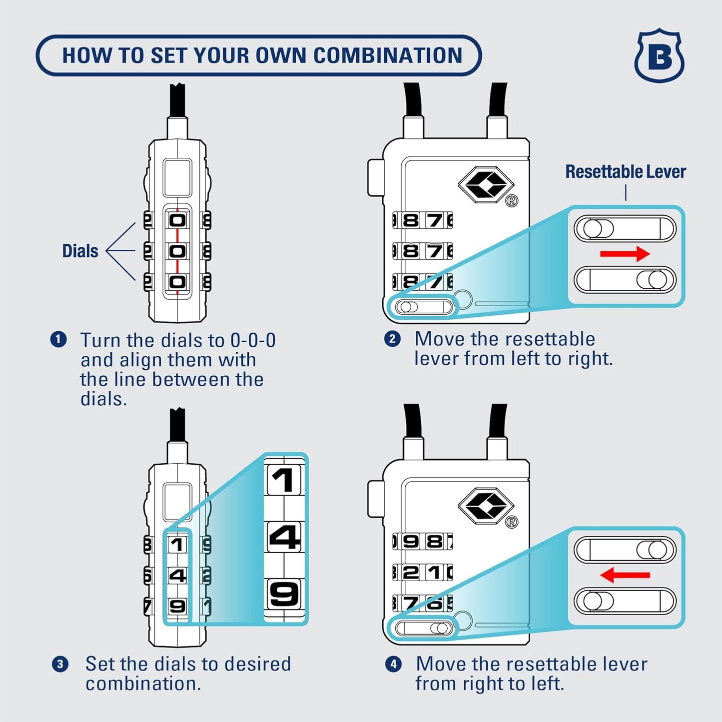 Brinks TSA Accepted Indicator Luggage Lock, Blue - Ressetable Combination, 2.5 inch Long Shackle, New More Secure TSA008 Key, 4 Pack